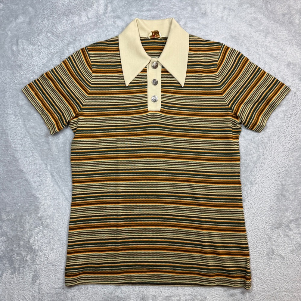 Vintage Custom Polo Knit Shirt Mens M Brown Striped Buffalo Nickel Dagger 70s